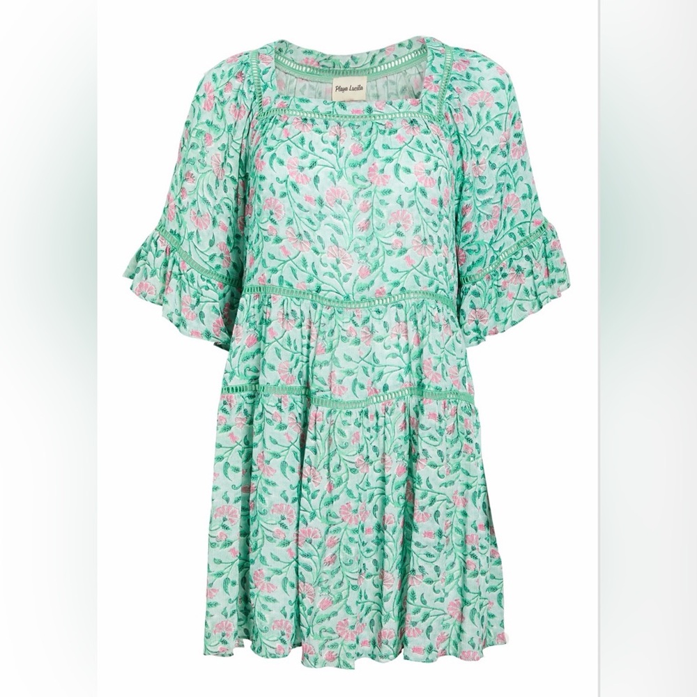 Playa Lucila Green Floral Mini Dress Ruffle Sleeve Boho Spring Summer Dress - Picture 3 of 10
